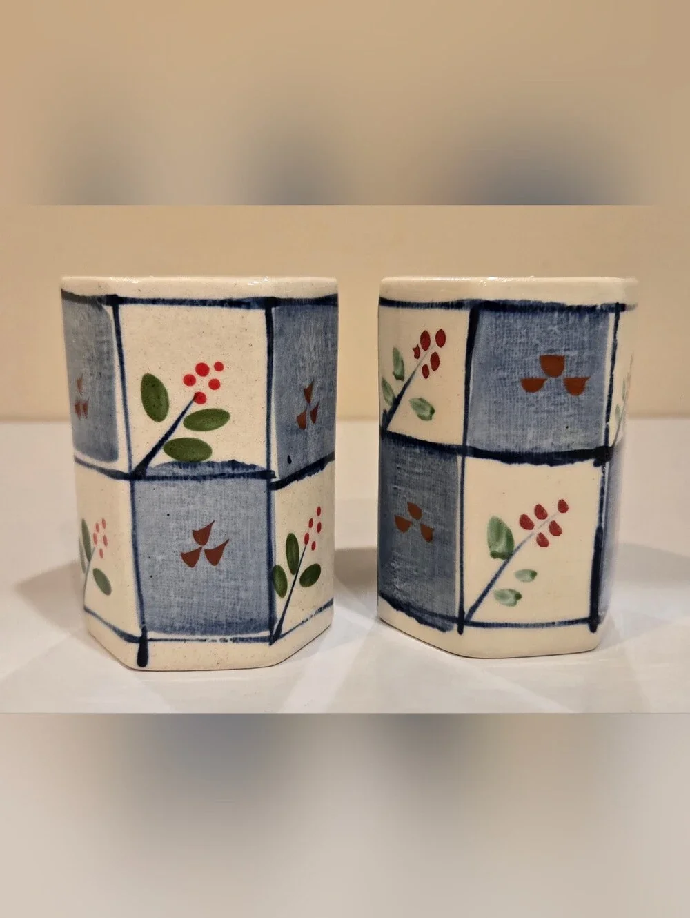 Vintage Katani Ware Hand-Painted Blue and Cream Hexagonal Ceramic Tea Or Saki